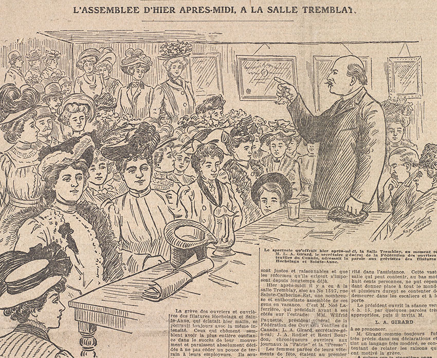 Newspaper article of a roomful of women being addressed by a male speaker, two other men seated behind him.