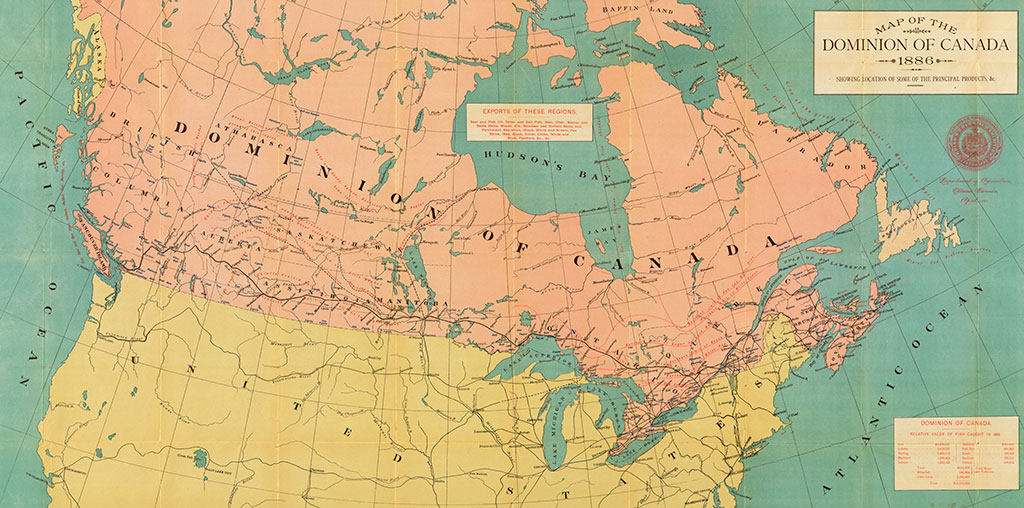 A map of Canada in the north and the United States in the south, bounded on the west and the east by oceans.