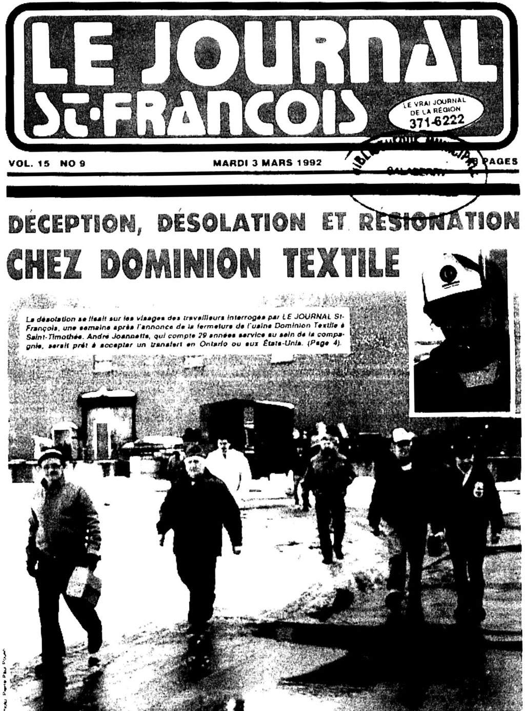 Page one of a newspaper with the headline "Deception, desolation and resignation at Dominion Textile".
