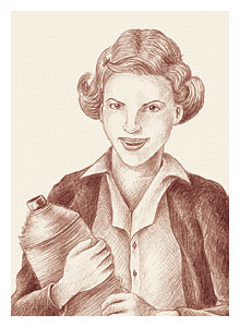 Drawn portrait of a young woman carrying in her arms a spool of yarn.