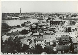 Panorama of the city of Salaberry-de-Valleyfield with river and mill in the background.