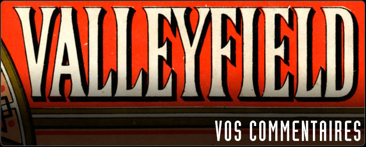 Affiche de couleurs vives avec Le mot Valleyfield sur fond rouge.