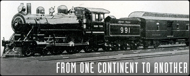 A Grand Trunk railroad company advertisement featuring a photo of a train followed by a text. (detail)