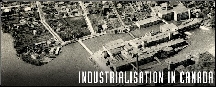 Aerial view in 1945 of Salaberry-de-Valleyfield, with the factory, the canal and the city center. (detail)