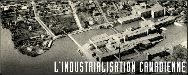 Vue aérienne en 1945 de Salaberry-de-Valleyfield, avec l'usine, le canal et le centre-ville.