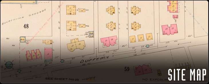 Architectural drawing in colour showing the placement of the textile factory (at the top) and the company houses below. (detail)