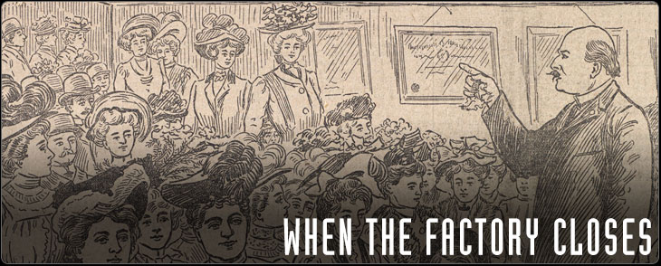 Newspaper article of a roomful of women being addressed by a male speaker, two other men seated behind him. (detail)