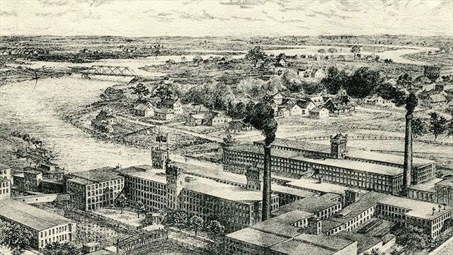 Lithograph of the factory next to the water.