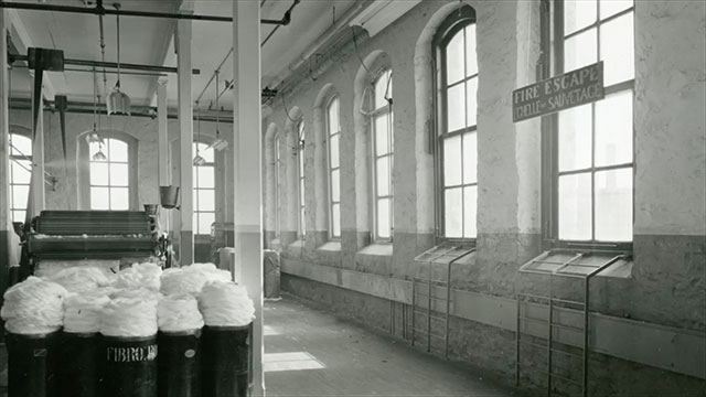 Inside the factory, near windows.